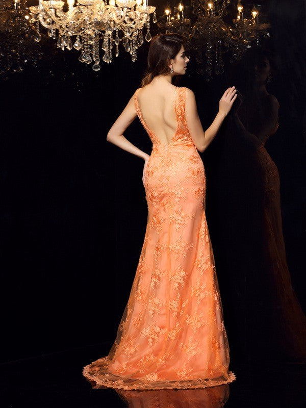 Trumpet/Mermaid Straps Applique Sleeveless Long Satin Dresses