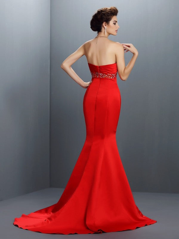 Trumpet/Mermaid Sweetheart Beading Sleeveless Long Satin Dresses