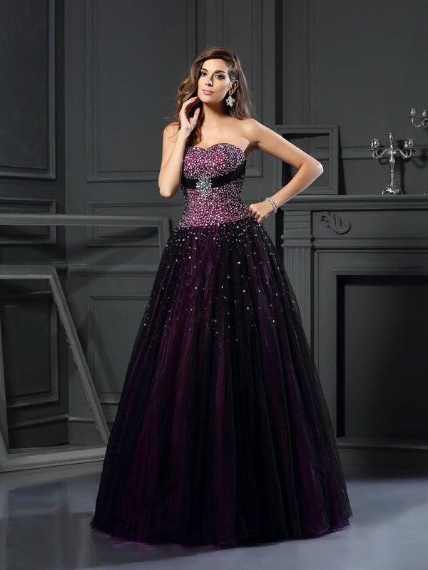 Abiti da Quinceanera lunghi in raso senza maniche con scollo a cuore e perline