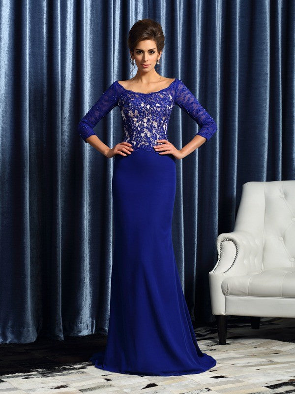 Abiti da sposa lunghi in chiffon con maniche a 3/4, in pizzo e scollo a barchetta