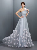 Sky Blue Chiffon A-Line Floor-Length Dress with One Shoulder Neckline, Ruched Bodice & 3D Floral Appliques