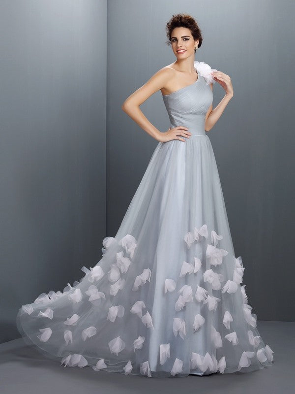 Sky Blue Chiffon A-Line Floor-Length Dress with One Shoulder Neckline, Ruched Bodice & 3D Floral Appliques