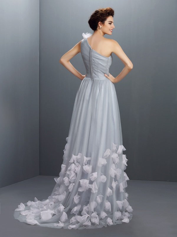 Sky Blue Chiffon A-Line Floor-Length Dress with One Shoulder Neckline, Ruched Bodice & 3D Floral Appliques
