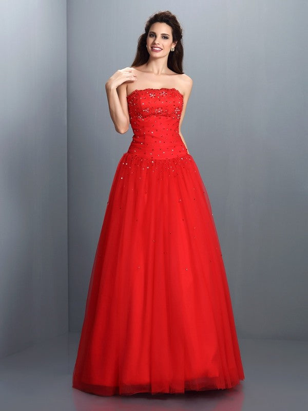 Red Tulle Ball Gown Straight Neck Floor-Length Evening Dress