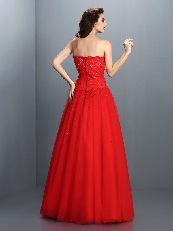 Red Tulle Ball Gown Straight Neck Floor-Length Evening Dress