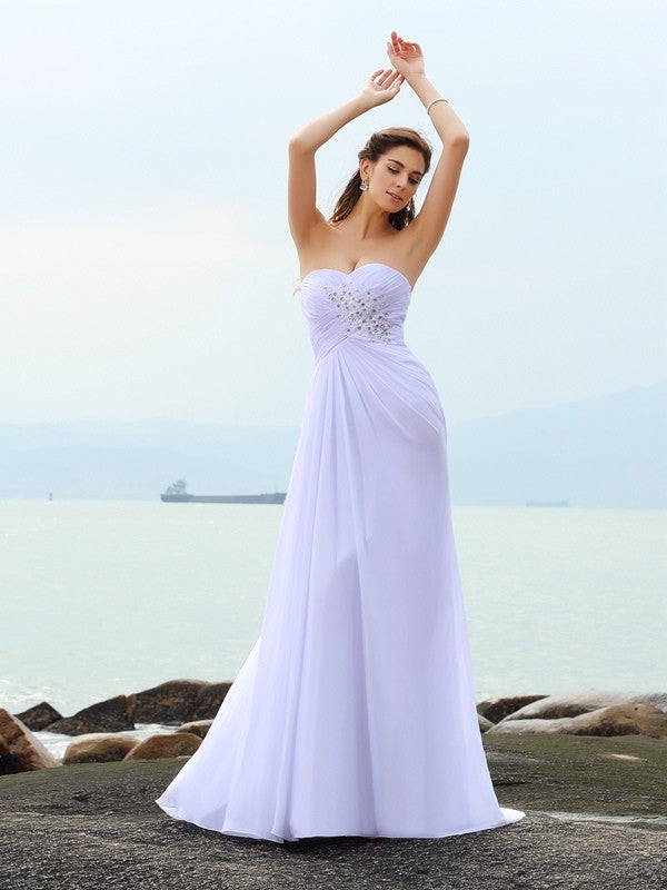 Vestidos de novia largos de gasa para playa, sin mangas, con escote en forma de corazón y pedrería