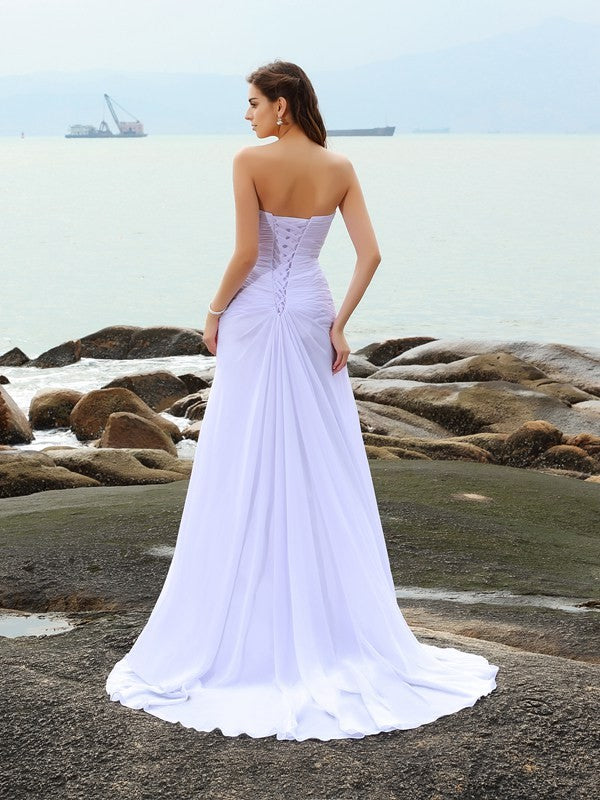Vestidos de novia largos de gasa para playa, sin mangas, con escote en forma de corazón y pedrería