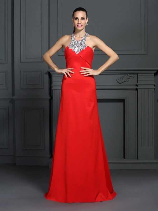 Red Satin A-Line Floor-Length Evening Dress with Embellished Halter Neckline