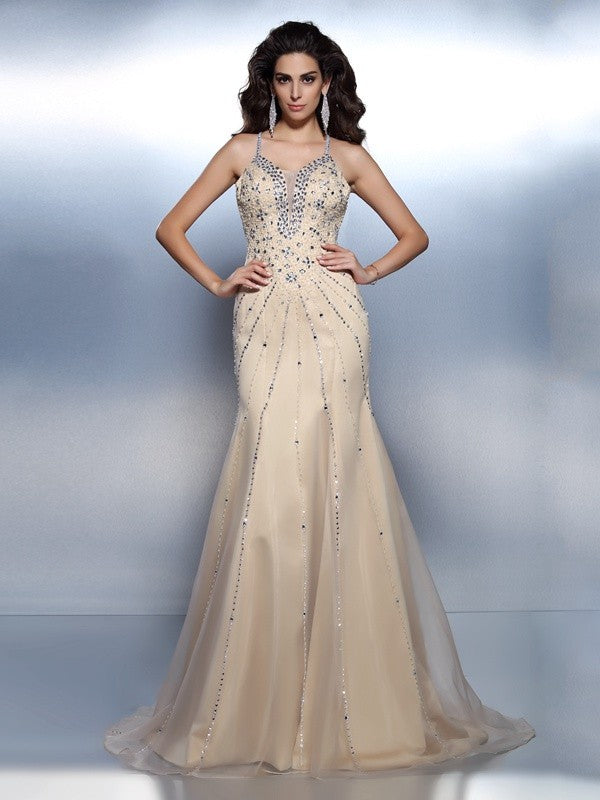 Champagne Sequin Mermaid Floor-Length Gown with Halter neckline and Backless Design
