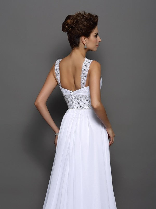 Vestidos de novia largos de gasa sin mangas con tirantes princesa y cuentas