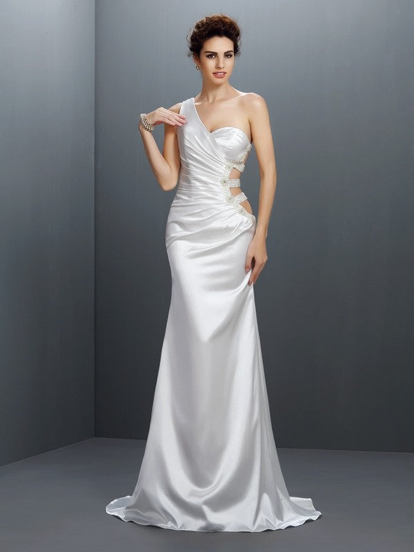 Trumpet/Mermaid One-Shoulder Beading Sleeveless Long  Woven Satin Dresses