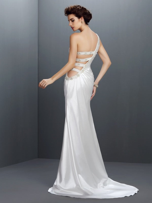 Trumpet/Mermaid One-Shoulder Beading Sleeveless Long  Woven Satin Dresses