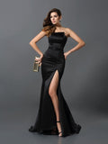 Black Satin Mermaid Floor-Length Evening Gown with Straight Neck & High Slit