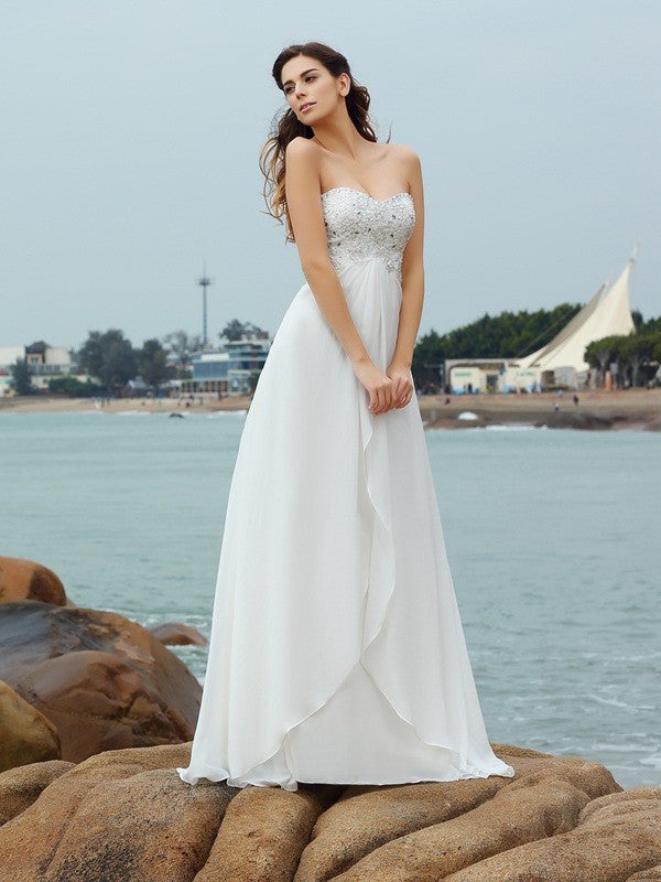 Vestidos de novia largos de gasa para playa, sin mangas, con escote corazón y cuentas, corte A/princesa