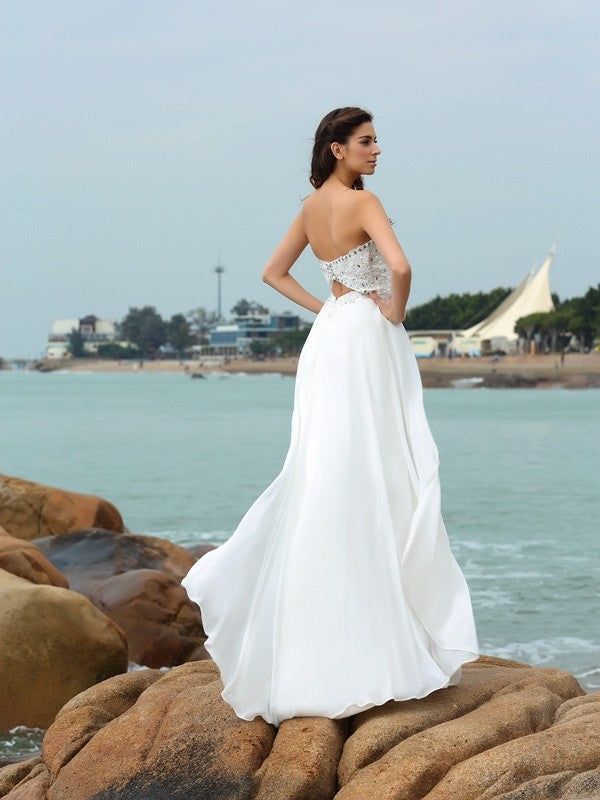 Vestidos de novia largos de gasa para playa, sin mangas, con escote corazón y cuentas, corte A/princesa