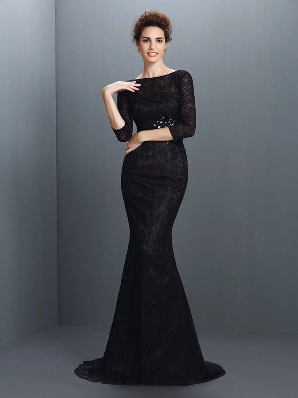 Trumpet/Mermaid Bateau Lace 3/4 Sleeves Long  Woven Satin Mother of the Bride Dresses