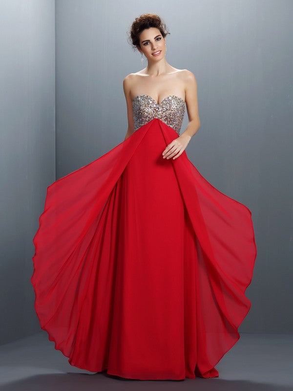 Red Sequin Bodice Sweetheart A-Line Chiffon Floor-Length Dress