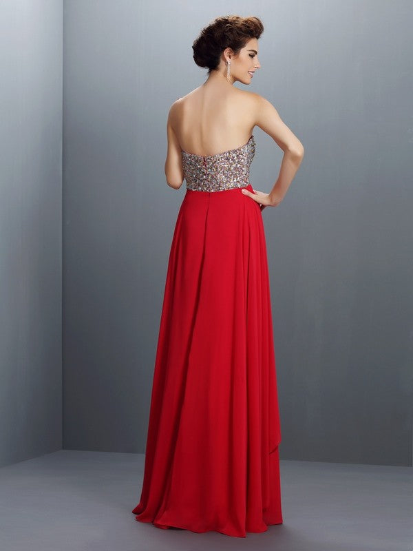 Red Sequin Bodice Sweetheart A-Line Chiffon Floor-Length Dress