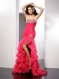 Pink Sequin Chiffon Sweetheart Mermaid Floor-Length Evening Dress with Ruffled Skirt and High Slit