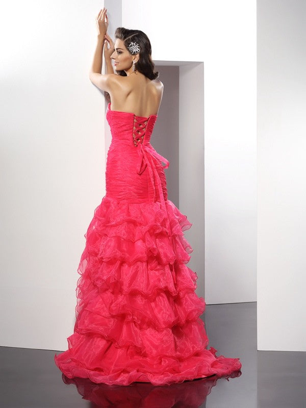 Pink Sequin Chiffon Sweetheart Mermaid Floor-Length Evening Dress with Ruffled Skirt and High Slit