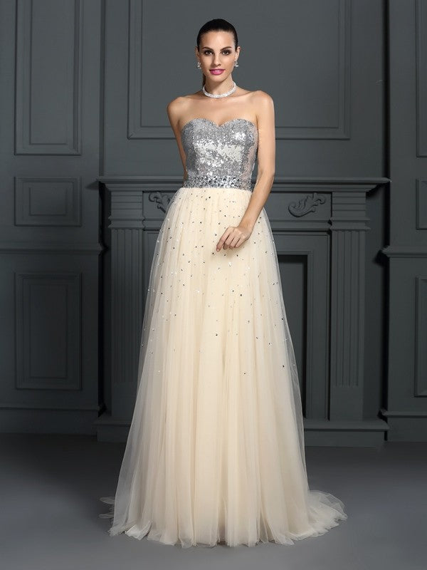 Silver Sequin Bodice Champagne Tulle A-Line Floor-Length Evening Dress