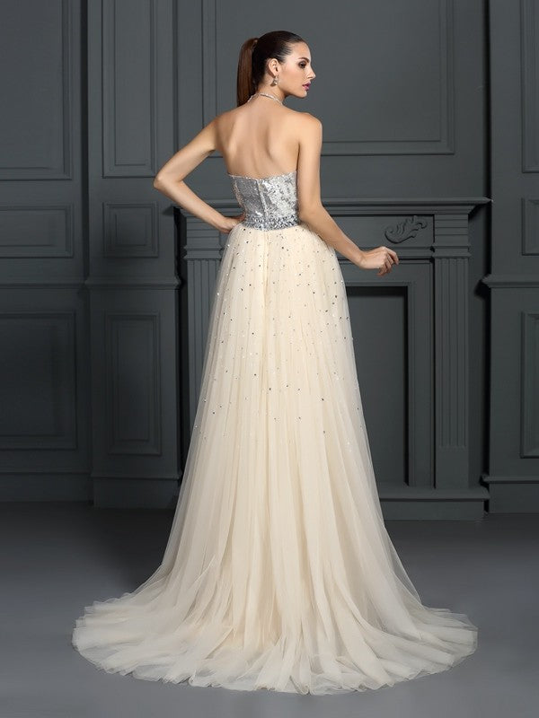 Silver Sequin Bodice Champagne Tulle A-Line Floor-Length Evening Dress
