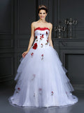 White Floral Embroidery Ball Gown Floor-Length Evening Dress