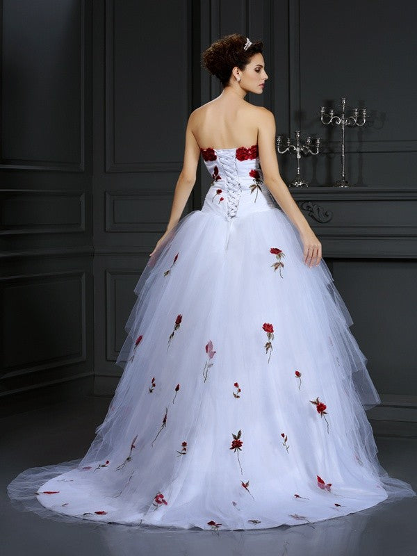 White Floral Embroidery Ball Gown Floor-Length Evening Dress