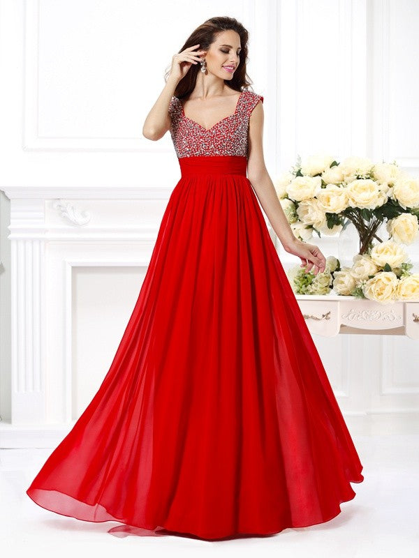 Red Chiffon A-Line Floor-Length Evening Dress with Sweetheart Neckline & Back Zip