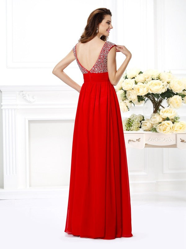 Red Chiffon A-Line Floor-Length Evening Dress with Sweetheart Neckline & Back Zip