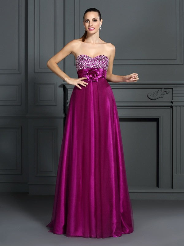 Abiti lunghi in raso intrecciato senza maniche con scollo a cuore, fiori fatti a mano, stile A/Principessa