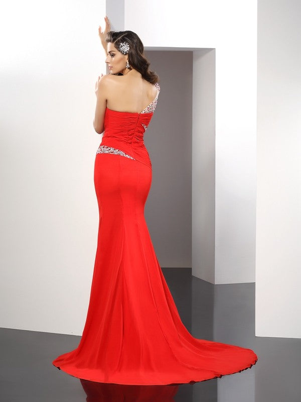 Red One Shoulder Chiffon Sheath/column Floor-Length Dress with Beaded Sleeve & High Slit