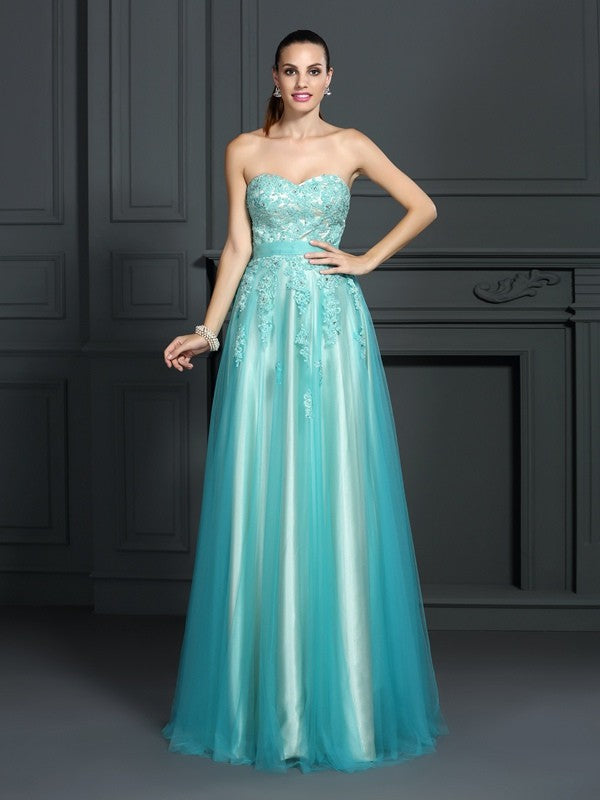 Teal A-Line Tulle Floor-Length Bridesmaid Dress with Lace Appliques