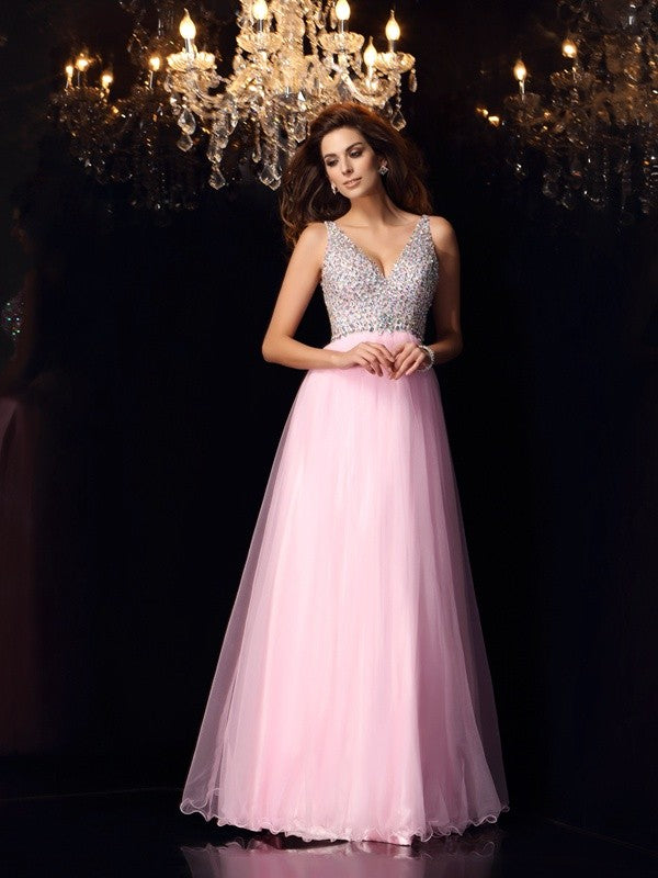 Vestidos largos de satén tejido sin mangas con volantes y escote en V de corte A/princesa