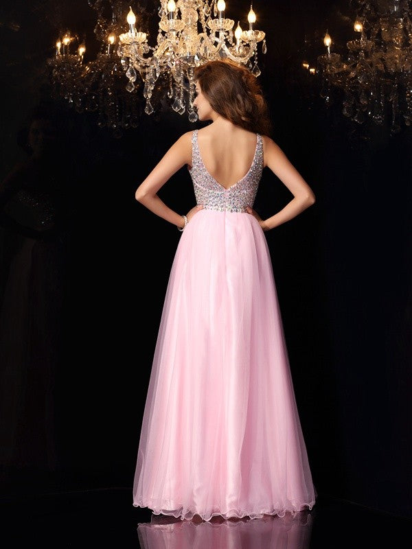 Vestidos largos de satén tejido sin mangas con volantes y escote en V de corte A/princesa