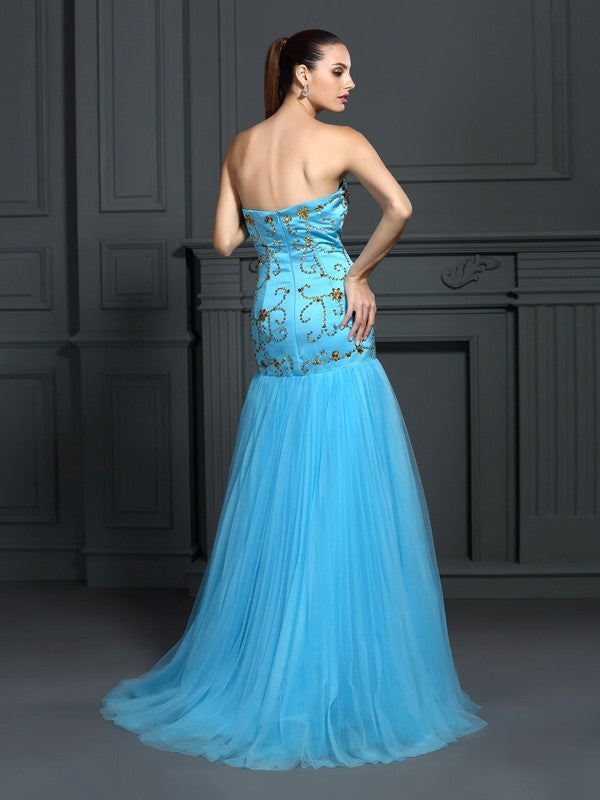 Trumpet/Mermaid Sweetheart Beading Sleeveless Long Satin Dresses
