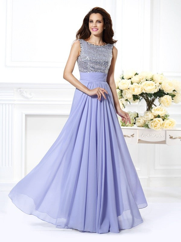 Lilac Chiffon Sequin Bodice Gathered Waist A-Line Floor-Length Bridesmaid Dress