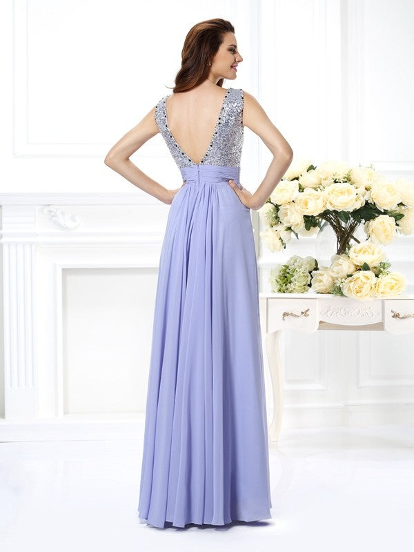 Lilac Chiffon Sequin Bodice Gathered Waist A-Line Floor-Length Bridesmaid Dress