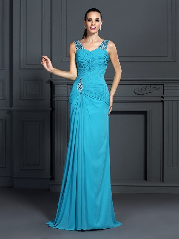 Teal Chiffon Sheath/column Floor-Length Dress with Ruched V-Neck & Embellished Straps