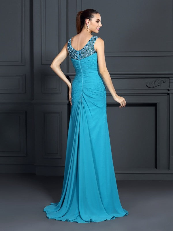 Teal Chiffon Sheath/column Floor-Length Dress with Ruched V-Neck & Embellished Straps