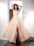 Blushing Pink Chiffon A-Line Halter Floor-Length Dress