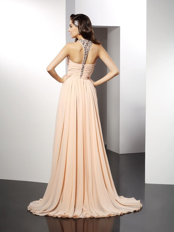 Blushing Pink Chiffon A-Line Halter Floor-Length Dress