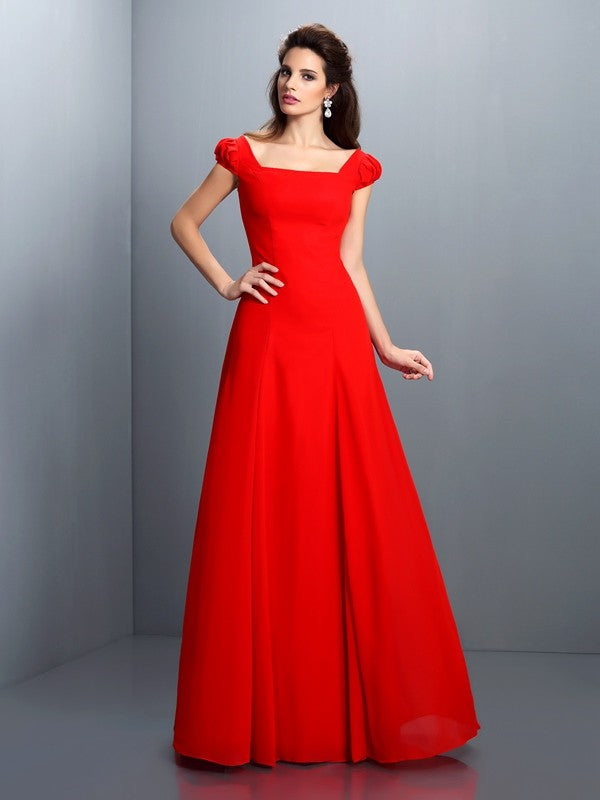 Red Chiffon A-Line Floor-Length Bridesmaid Dress with Puff Sleeves & Square Neckline