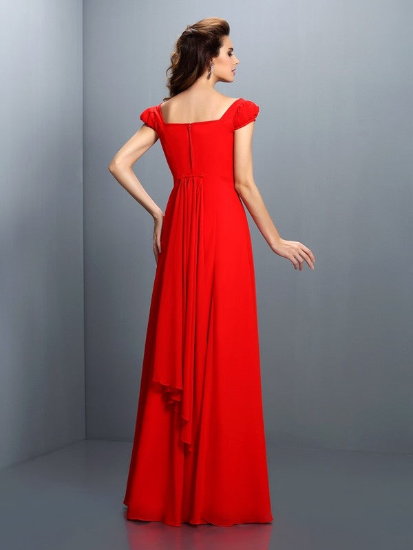Red Chiffon A-Line Floor-Length Bridesmaid Dress with Puff Sleeves & Square Neckline