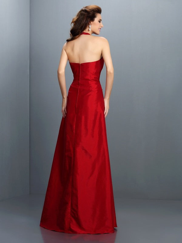 Red Satin A-Line Floor-Length Halter Backless Gown with Ruched Bodice, Side Draping – Perfect for Prom & Bridesmaids