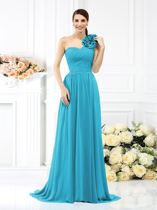 Vestidos de dama de honor largos de gasa, sin mangas, con pliegues y un solo hombro, corte A/princesa