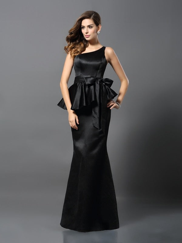 Trumpet/Mermaid One-Shoulder Bowknot Sleeveless Long Satin DressesTrumpet/Mermaid One-Shoulder Bowknot Sleeveless Long Satin Dresses
