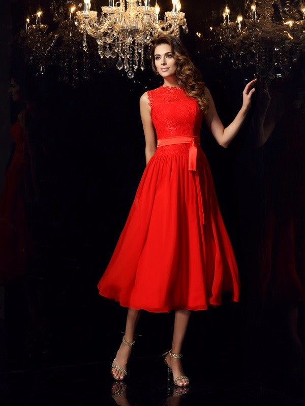 Red Lace & Chiffon A-Line Tea-Length Dress with Scoop Neck and Lace Bodice