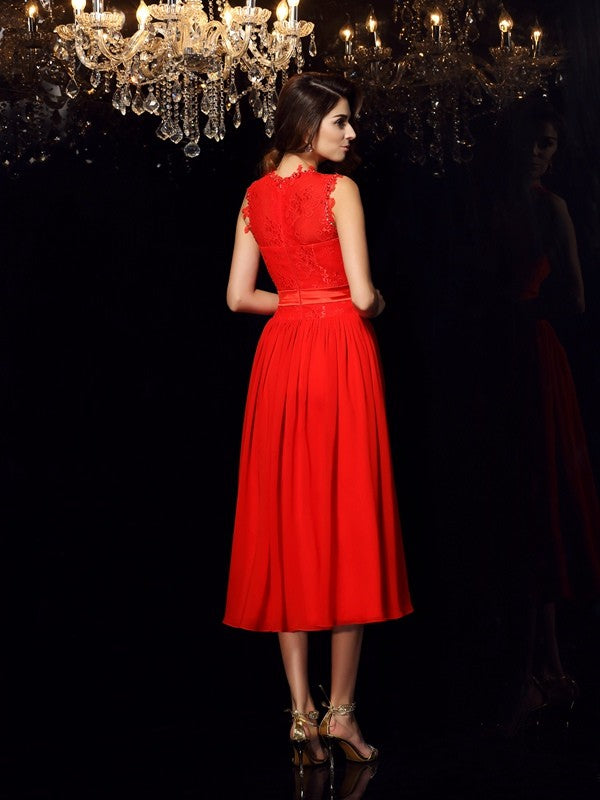 Red Lace & Chiffon A-Line Tea-Length Dress with Scoop Neck and Lace Bodice