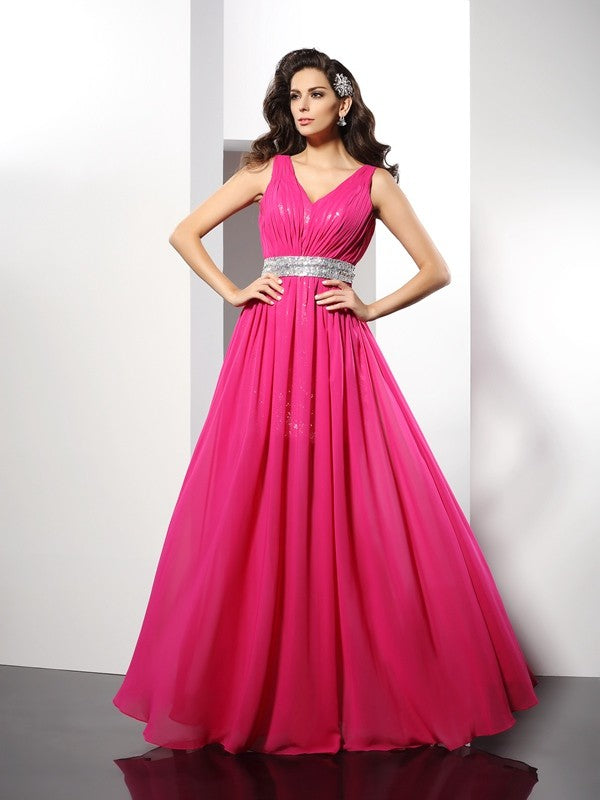 Pink Chiffon V-Neck A-Line Floor-Length Evening Dress